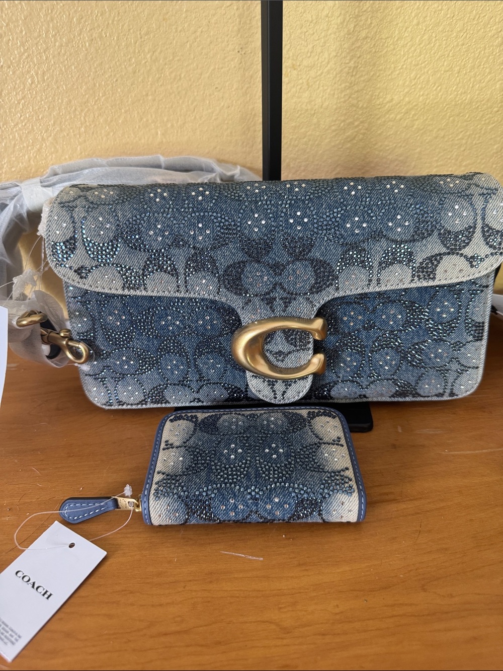 Coach Blue Denim Crystal Signature C Turnlock Crossbody with Matching Wallet